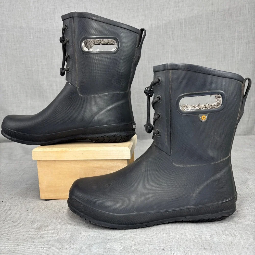 Bogs Amanda Plush II Black Rubber Waterproof Lined Rain Boots Pull On Big Kids 7